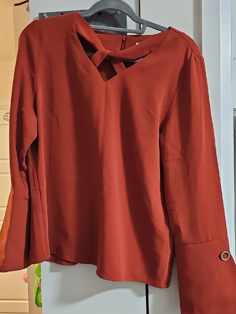 Women's Rust Red Long-Sleeve Twist-Neck Blouse